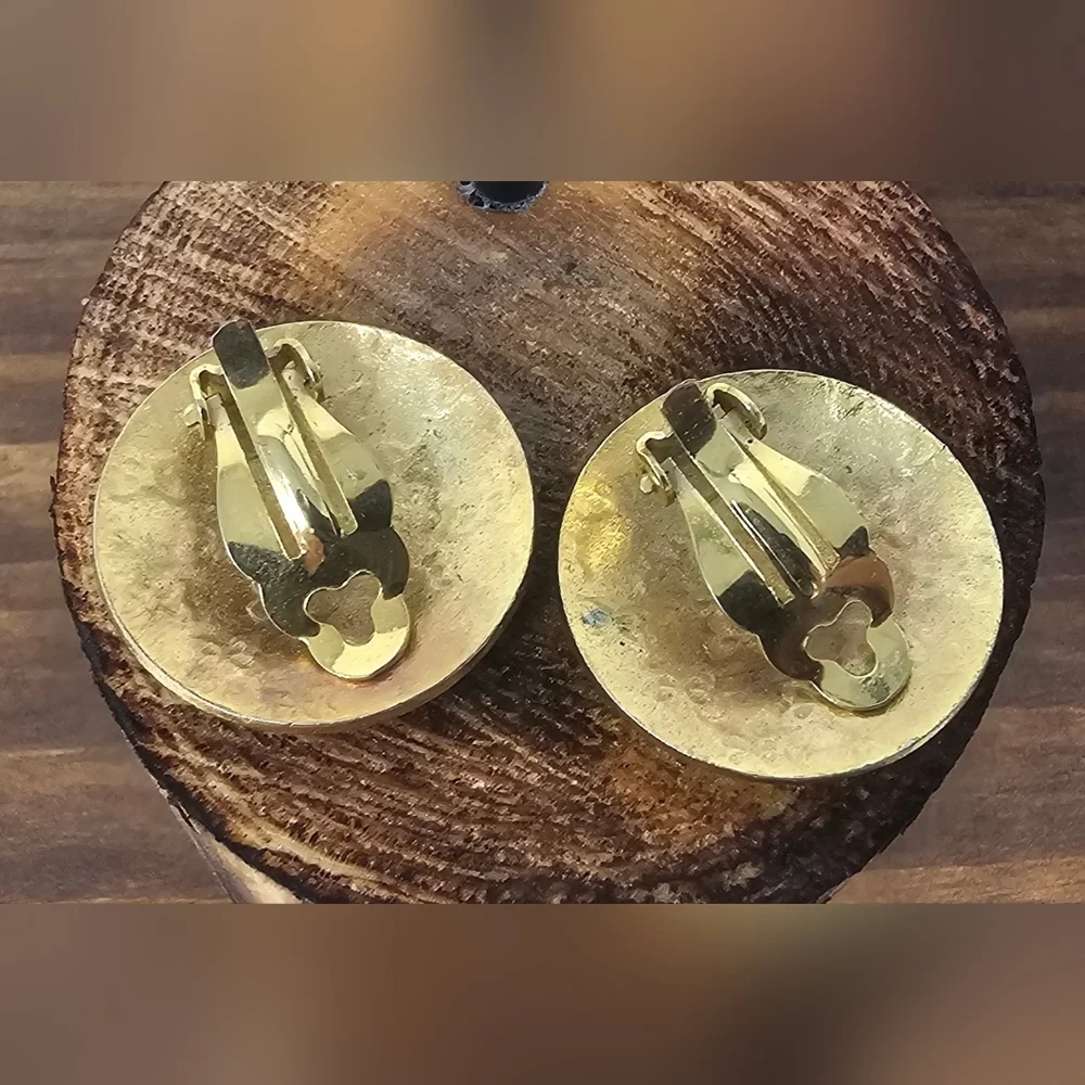 Vintage Black Gold Pink Flower Enamel Cloisonne Clip-On Round Stud Earrings - Picture 5 of 9